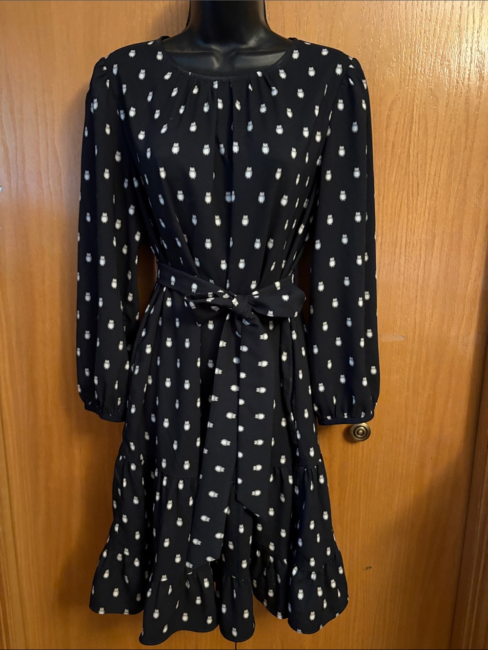 Women's kate spade Navy Long-Sleeve Tie-Waist Dress with White Owl Print